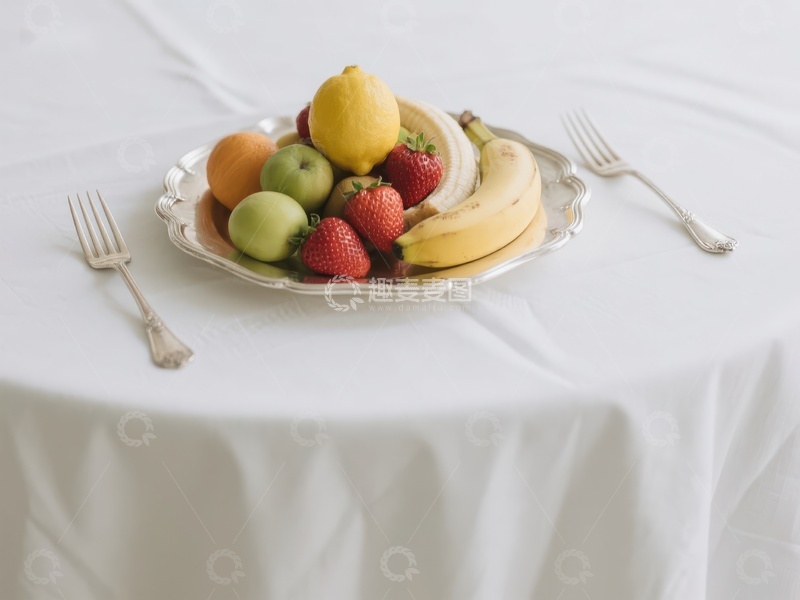 高清大图下载【趣麦麦图】水果盘摆放在白色桌布上