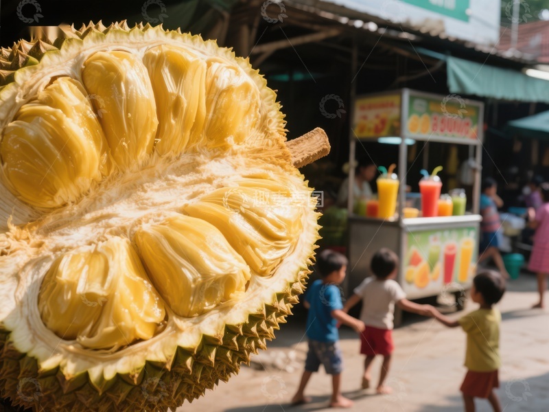 街头市场上的榴莲与儿童