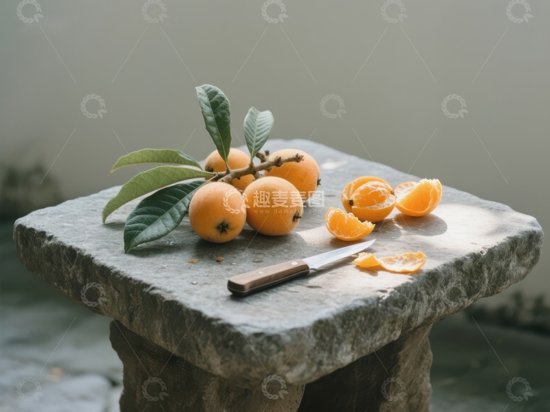 高清大图下载【趣麦麦图】石桌上摆放的柑橘与绿叶