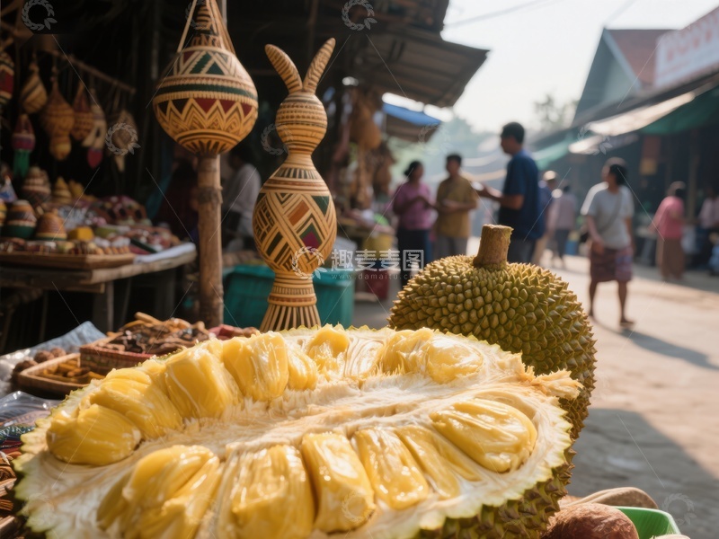 高清大图下载【趣麦麦图】市场摊位上的新鲜菠萝蜜