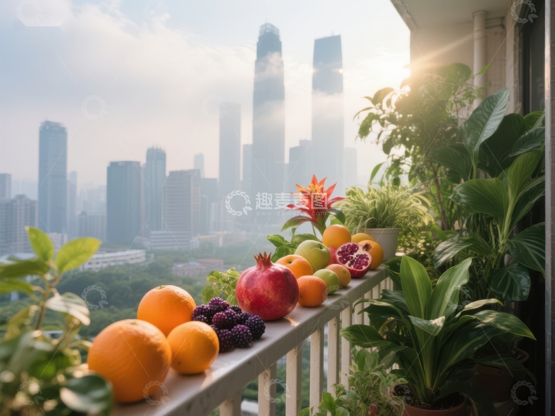 高清大图下载【趣麦麦图】阳台水果与城市天际线