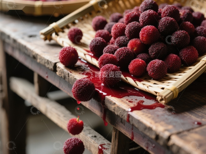 高清大图下载【趣麦麦图】新鲜杨梅溢出竹筛，汁液滴落木桌