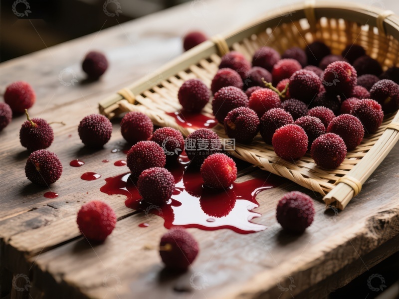 高清大图下载【趣麦麦图】新鲜杨梅散落竹篮，汁液滴落木桌