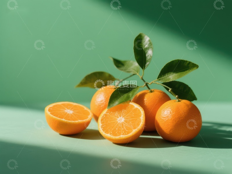 高清大图下载【趣麦麦图】新鲜橙子与绿叶的静物组合