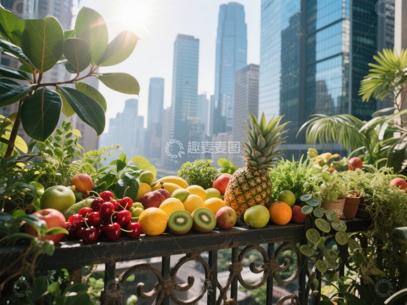 高清大图下载【趣麦麦图】城市天际线前的阳台水果