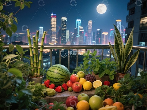城市夜景中的阳台果蔬
