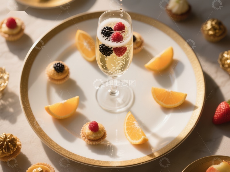 高清大图下载【趣麦麦图】香槟配水果与甜点的精致摆盘