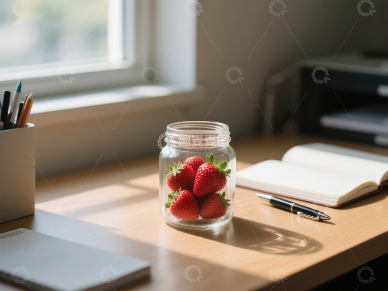 高清大图下载【趣麦麦图】阳光下的草莓罐与书本