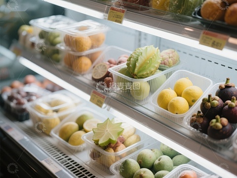 超市冷藏柜中的新鲜水果展示