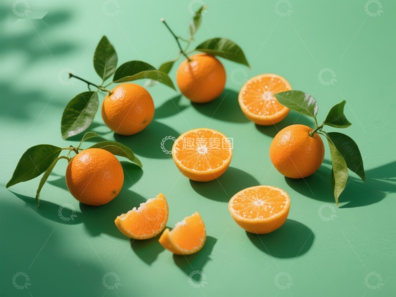 高清大图下载【趣麦麦图】新鲜橙子与绿叶的静物组合