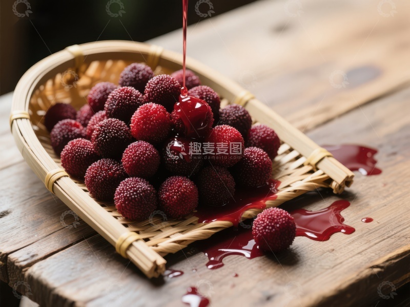 高清大图下载【趣麦麦图】杨梅果篮，鲜汁滴落