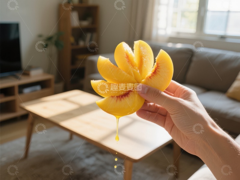 高清大图下载【趣麦麦图】手握创意切片桃子，果汁滴落