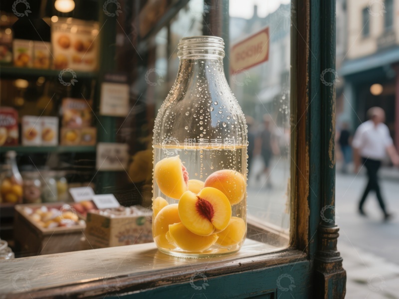高清大图下载【趣麦麦图】窗台上的桃子玻璃瓶