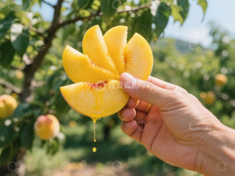 高清大图下载【趣麦麦图】手握切片黄桃，果园背景