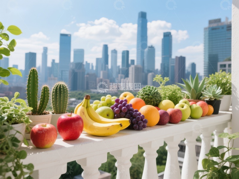 高清大图下载【趣麦麦图】城市天际线前的阳台水果与绿植