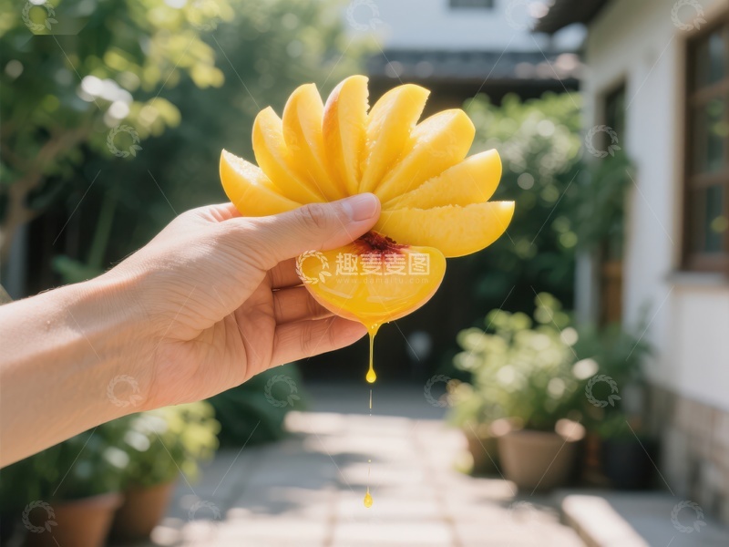 高清大图下载【趣麦麦图】手握切片芒果，果汁滴落