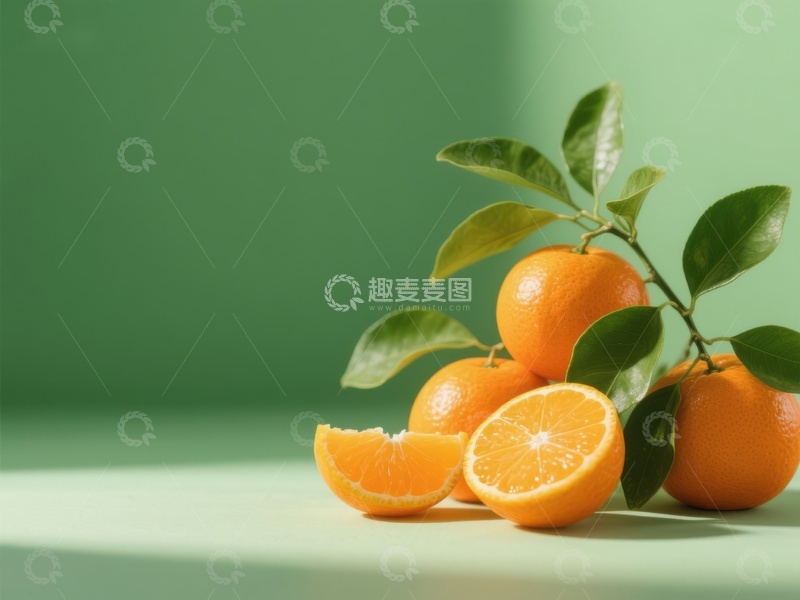 高清大图下载【趣麦麦图】新鲜橙子与绿叶静物图