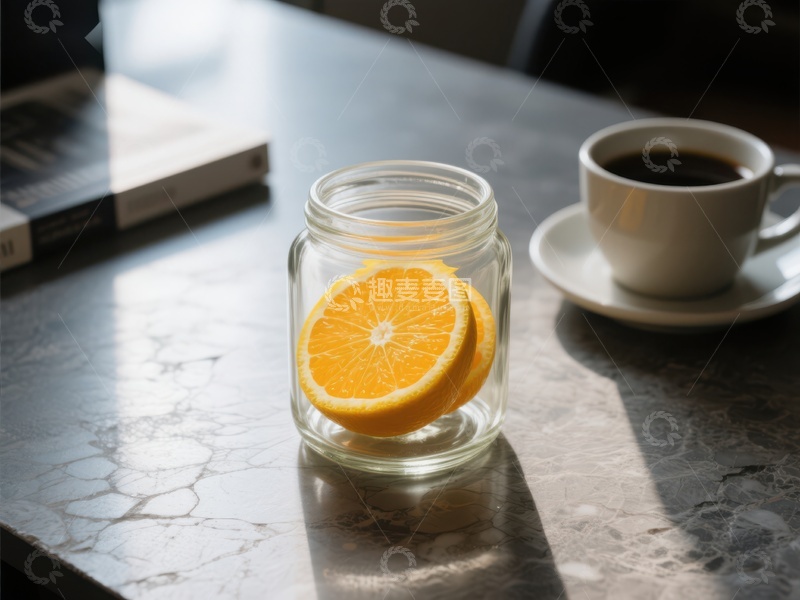 高清大图下载【趣麦麦图】橙片玻璃罐与咖啡杯静物