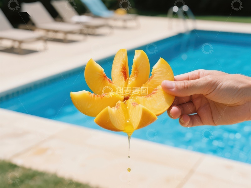 高清大图下载【趣麦麦图】泳池边手持切片桃子