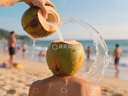 海滩椰子水倾倒瞬间