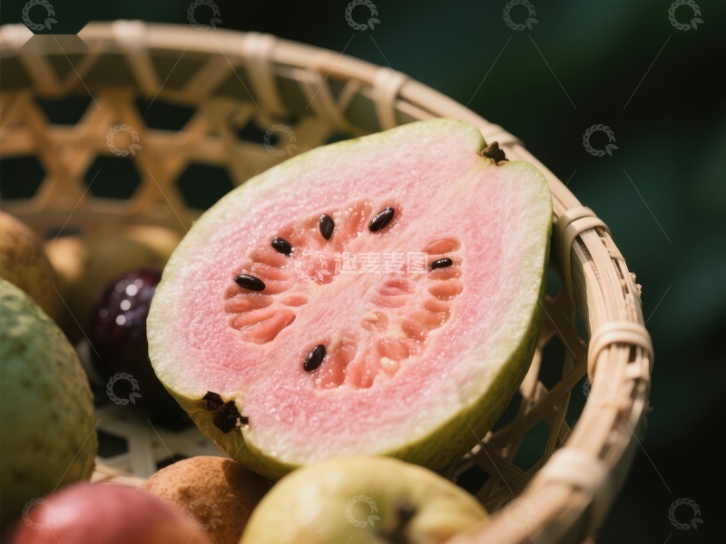 高清大图下载【趣麦麦图】切开的番石榴置于竹篮中