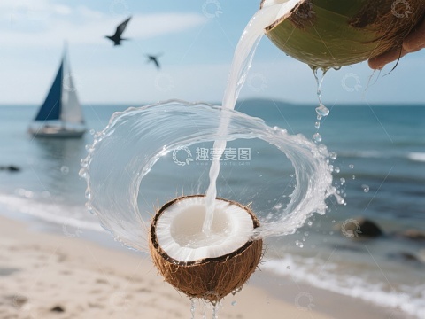 椰子水倒入另一椰壳，海边背景
