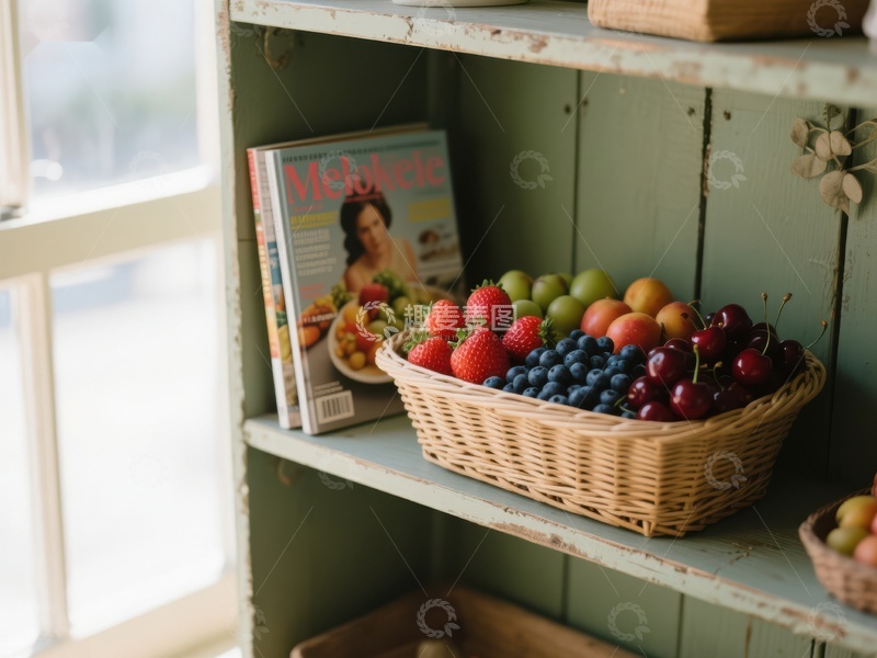 高清大图下载【趣麦麦图】书架上的水果篮与杂志