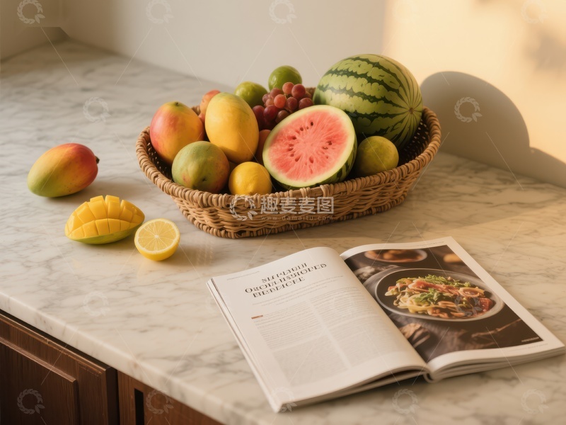 高清大图下载【趣麦麦图】水果篮与美食杂志的静谧组合