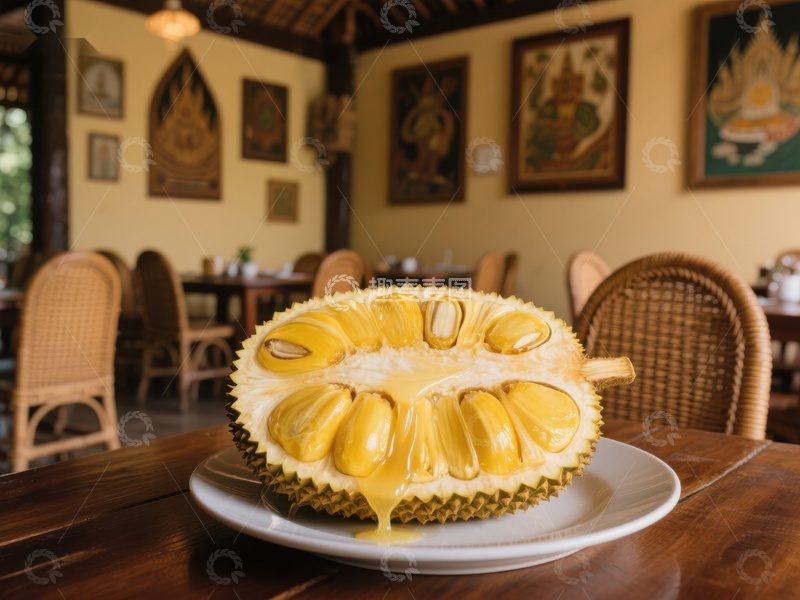 高清大图下载【趣麦麦图】新鲜菠萝蜜切片置于木质餐桌