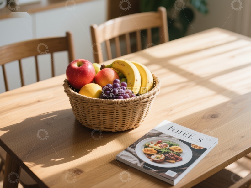 高清大图下载【趣麦麦图】餐桌上的水果篮与美食杂志