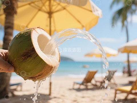 椰子水在海滩上倾泻而出
