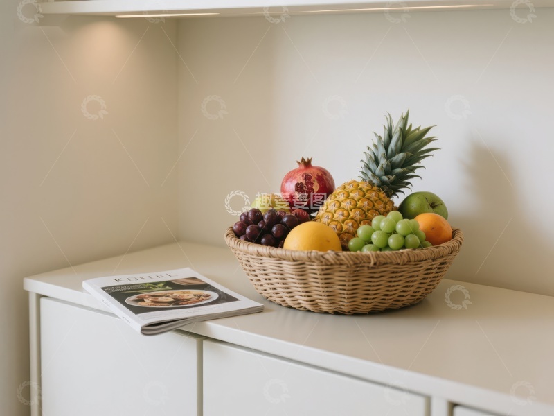 高清大图下载【趣麦麦图】水果篮与杂志置于柜上