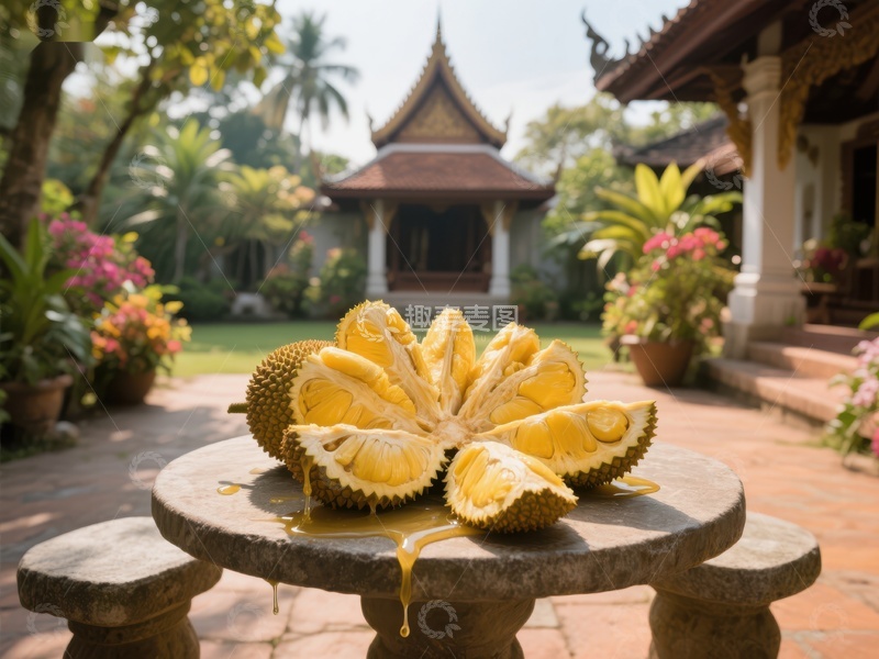 高清大图下载【趣麦麦图】庭院中摆放的榴莲果肉