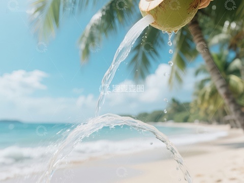 椰子水倾泻海滩