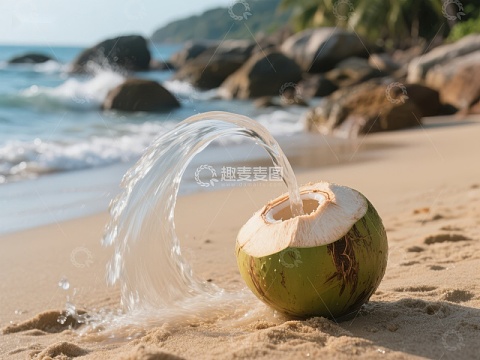 椰子水喷洒在沙滩上