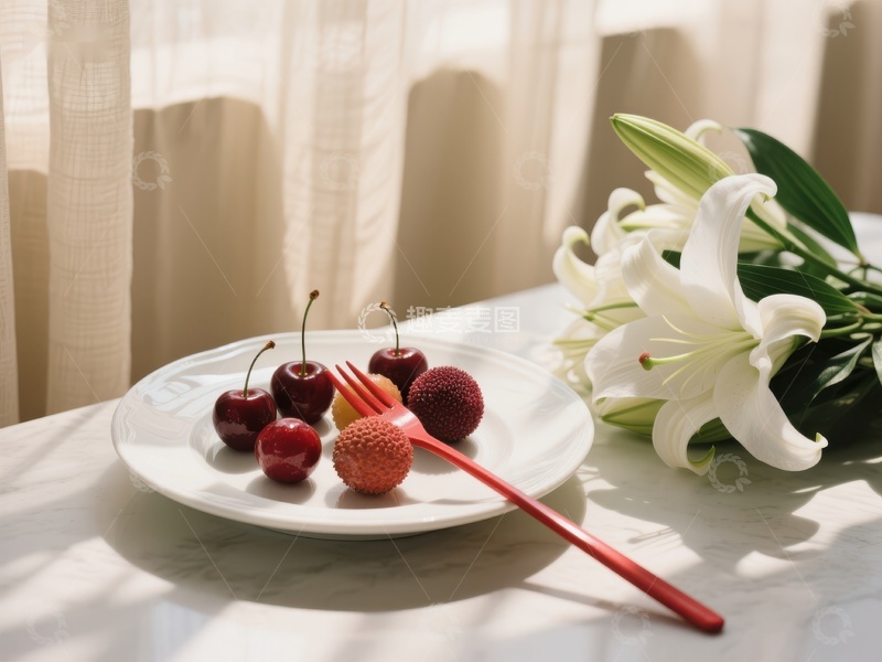 高清大图下载【趣麦麦图】樱桃与百合花的静谧早餐