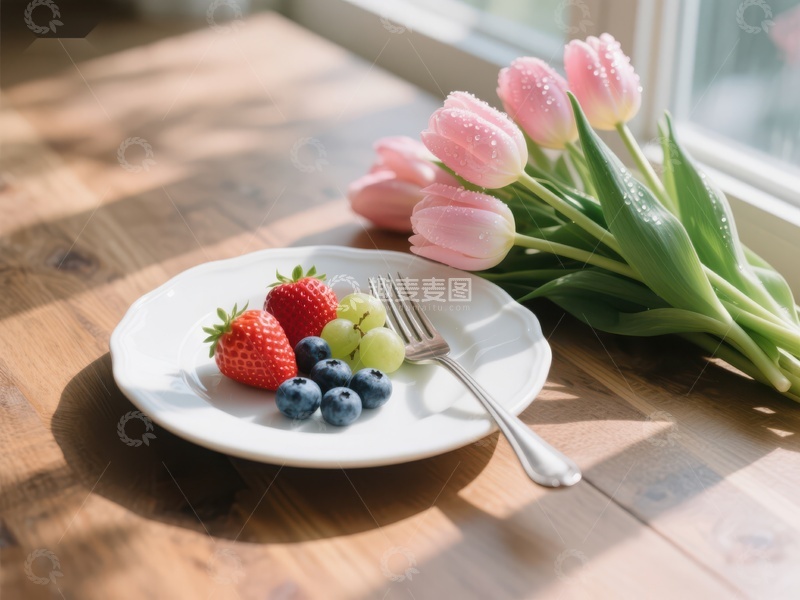 高清大图下载【趣麦麦图】早餐水果与粉色郁金香