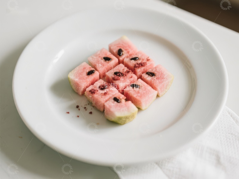 高清大图下载【趣麦麦图】切块西瓜整齐摆放在白色盘中