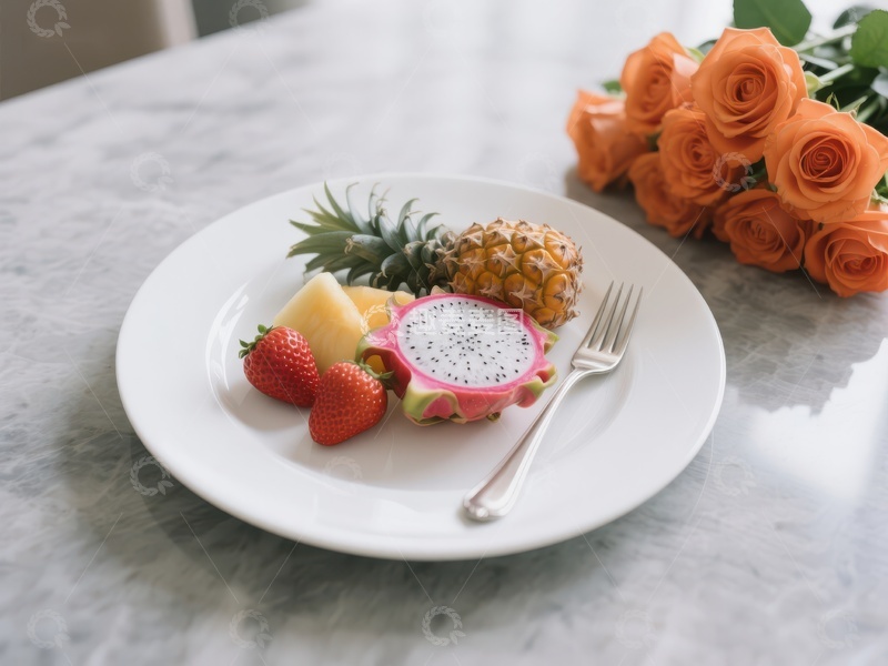 高清大图下载【趣麦麦图】热带水果拼盘与橙色玫瑰