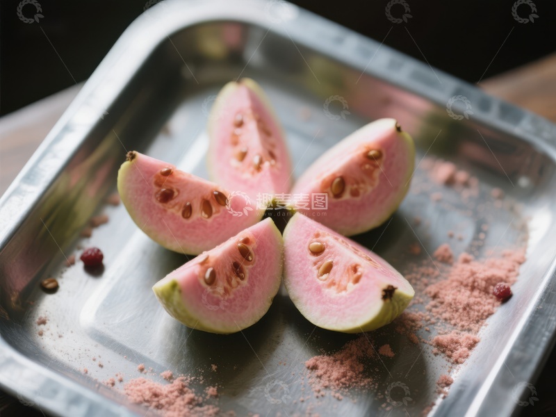 高清大图下载【趣麦麦图】切片番石榴置于金属托盘