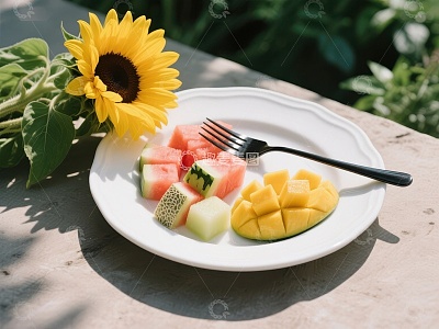 夏日水果拼盘与向日葵