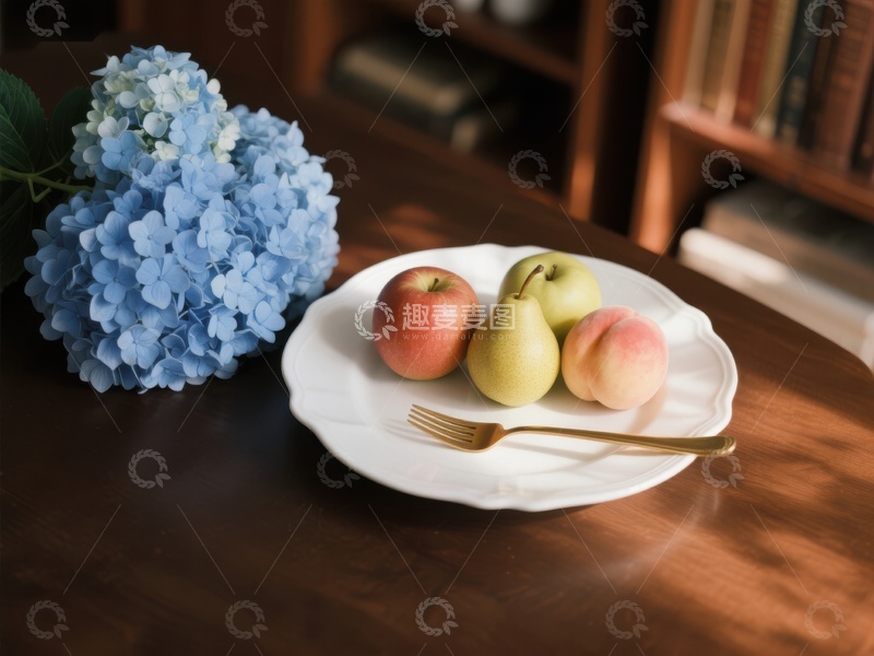 高清大图下载【趣麦麦图】水果盘与蓝色绣球花静物
