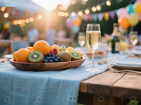 户外餐桌上的水果拼盘与香槟