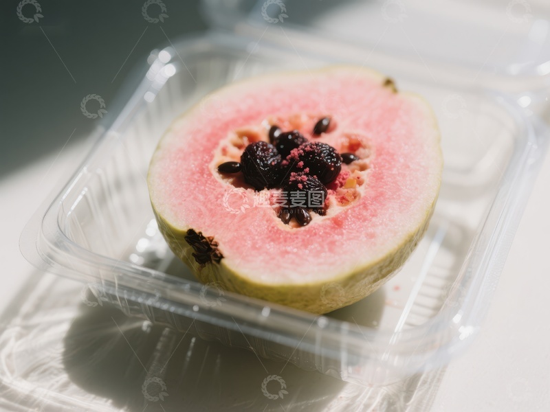 高清大图下载【趣麦麦图】切开的番石榴置于透明塑料盒中