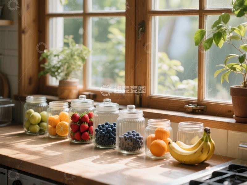 高清大图下载【趣麦麦图】窗边厨房台面摆放的各类新鲜水果