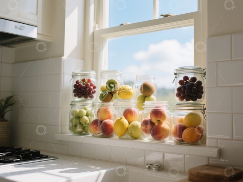 高清大图下载【趣麦麦图】窗台上的玻璃罐水果