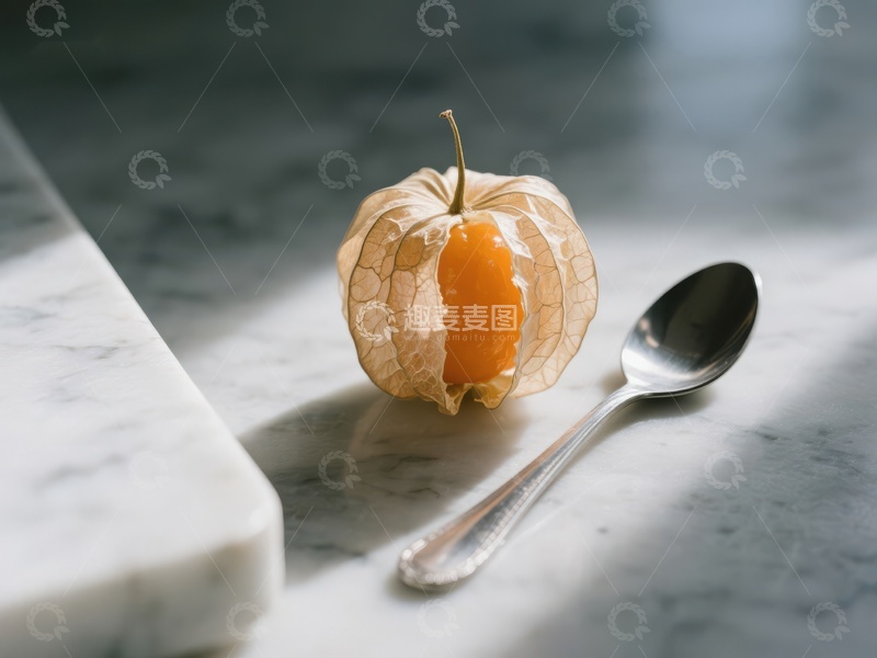 高清大图下载【趣麦麦图】金黄地果与银勺静置大理石台面