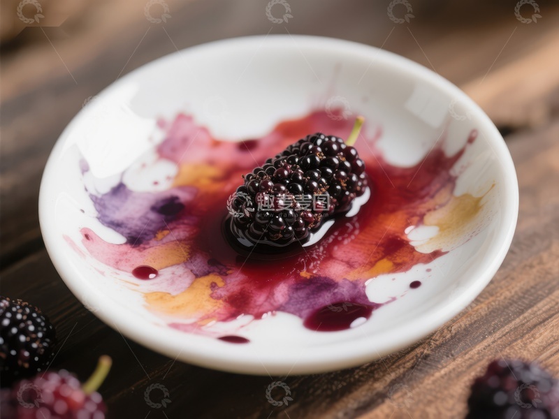 高清大图下载【趣麦麦图】黑莓置于彩绘盘中，汁液四溢