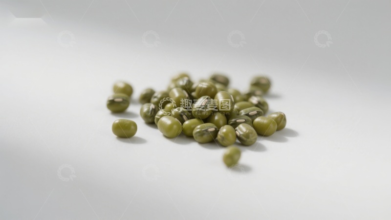 高清大图下载【趣麦麦图】绿色豆子散落在白色背景上