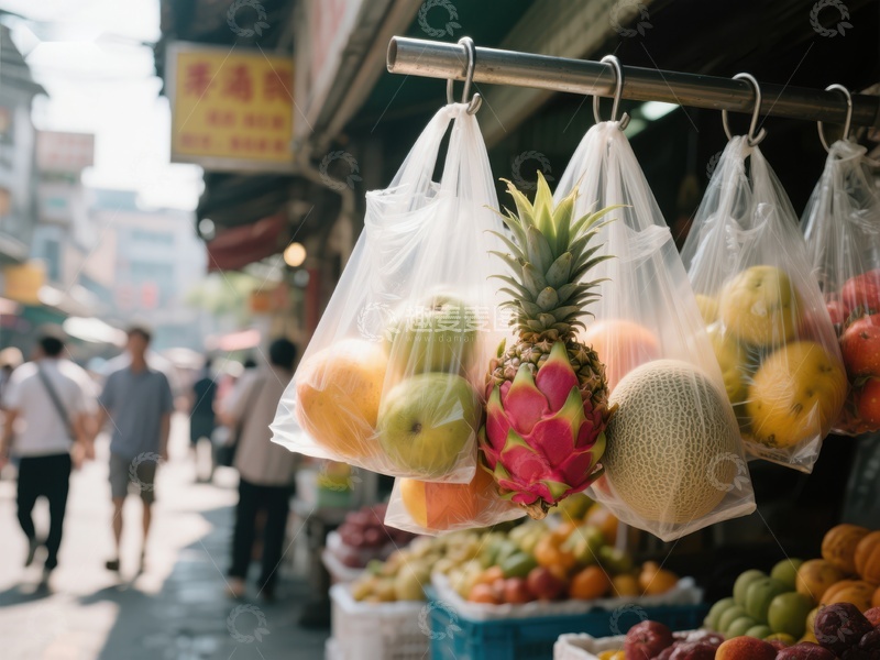 市场摊位悬挂的热带水果